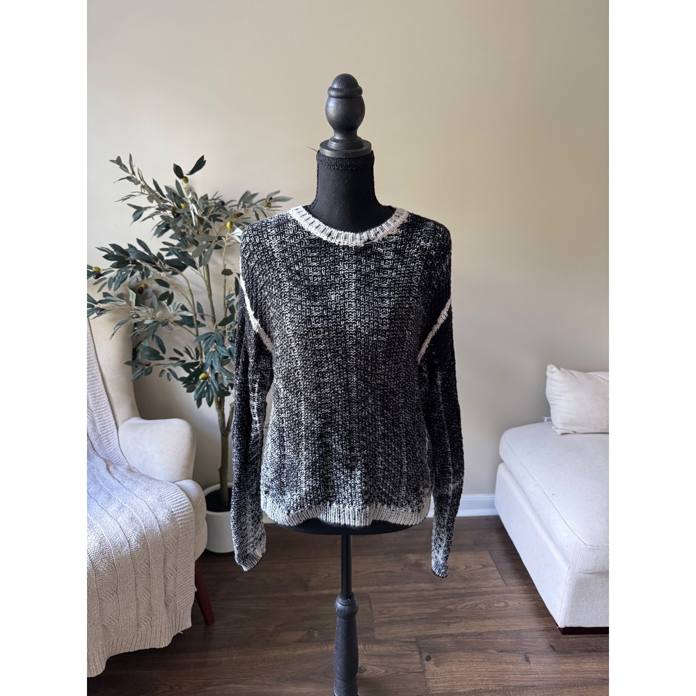 Steve Madden Womens Black White Space Dye Marled Knit Crewneck Sweater Small
